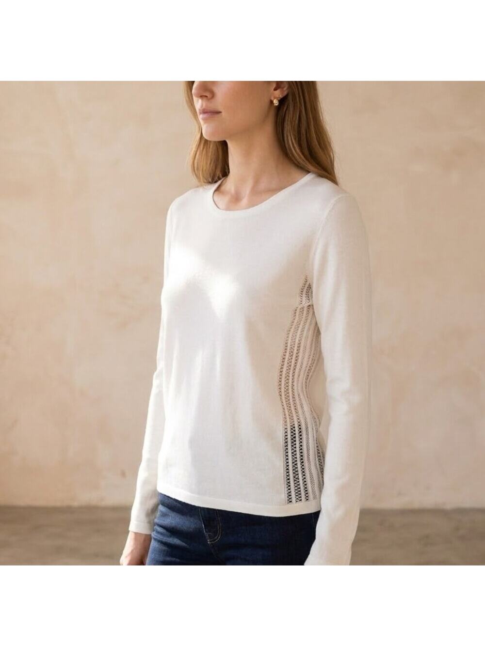 Malo Italy White Stretchy Cotton Top Sheer Lace Side Panels Size M Like New